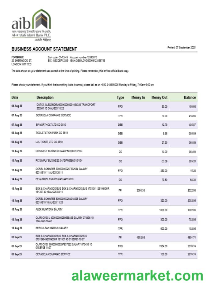 Al-Arafah Islami Bank business account statement Word and PDF template